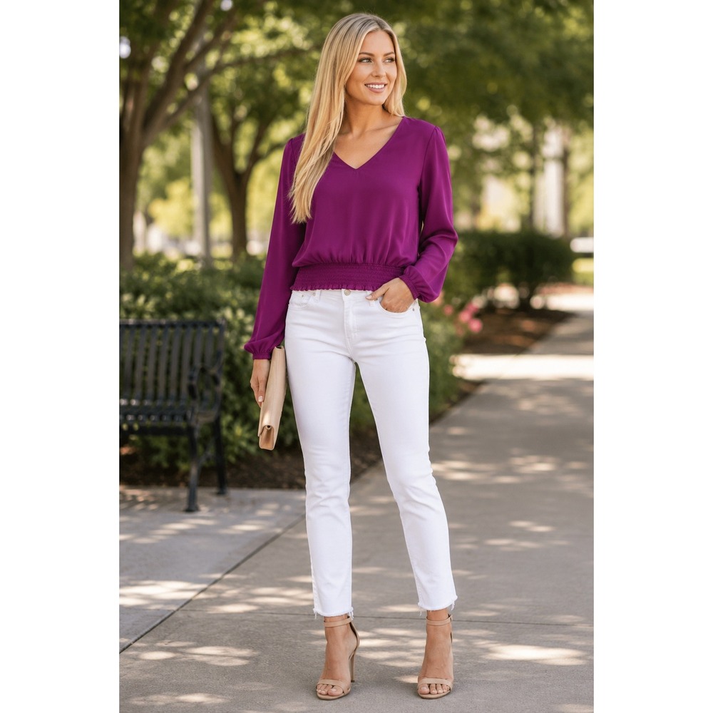 1.STATE Plum Fairy Smocked Hem Blouse V Neck Long‎ Sleeve Top Size L NWT